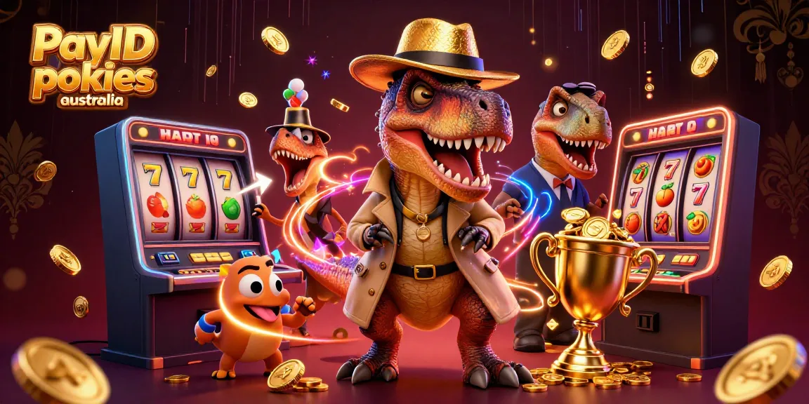 Experience PayID pokies Australia at a lively 3D casino scene with vibrant characters and rich gaming elements.
