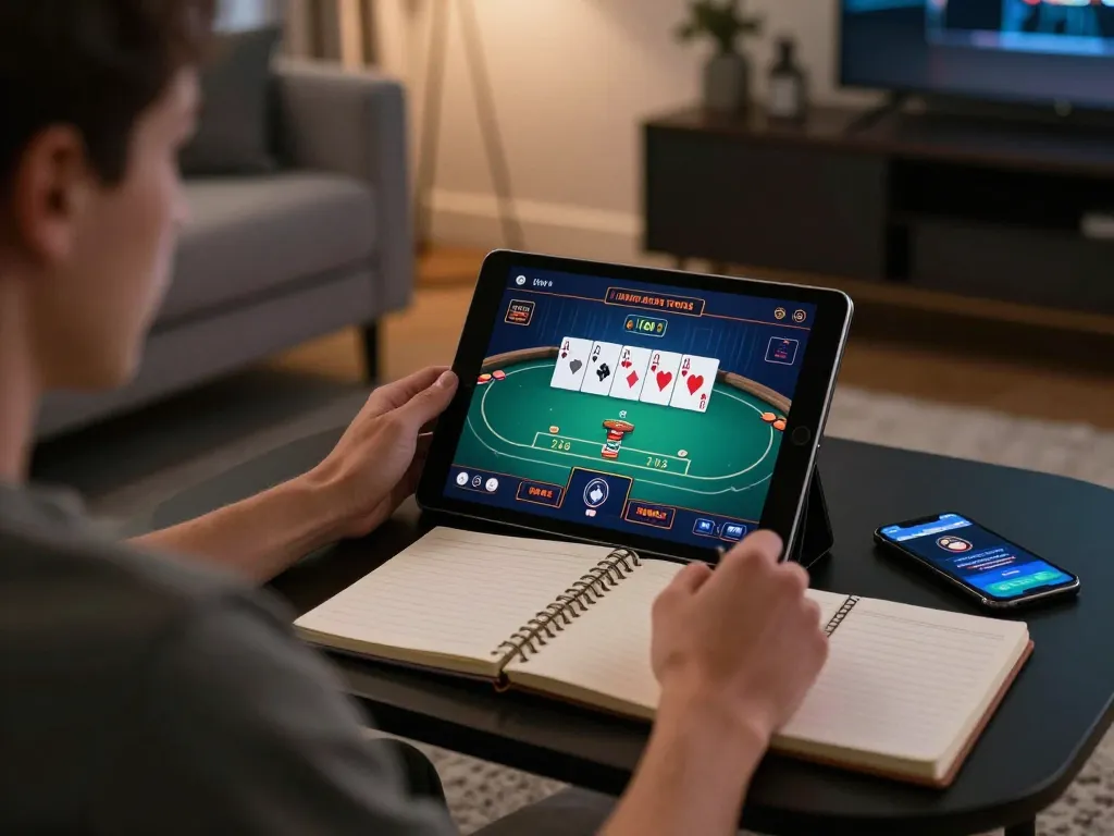 Engaging scene of nhà cái SC88 player using tablet for online poker amidst a stylish home environment.