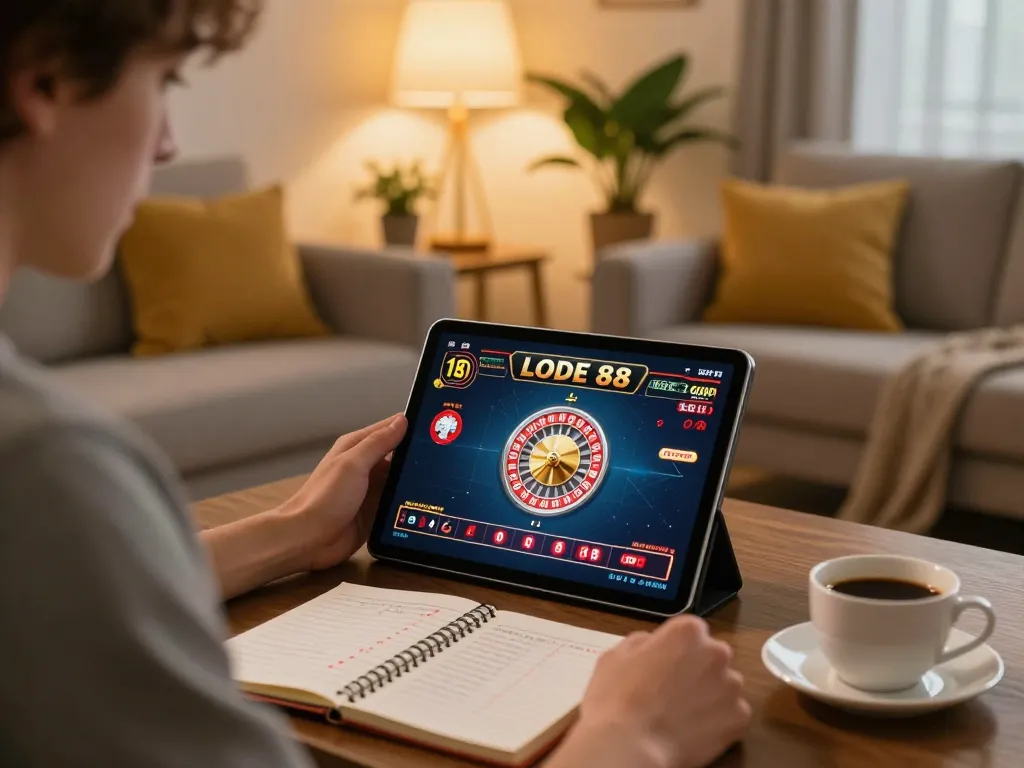Engaging online gaming moment with LODE 88 as player studies strategy in a cozy home setup.