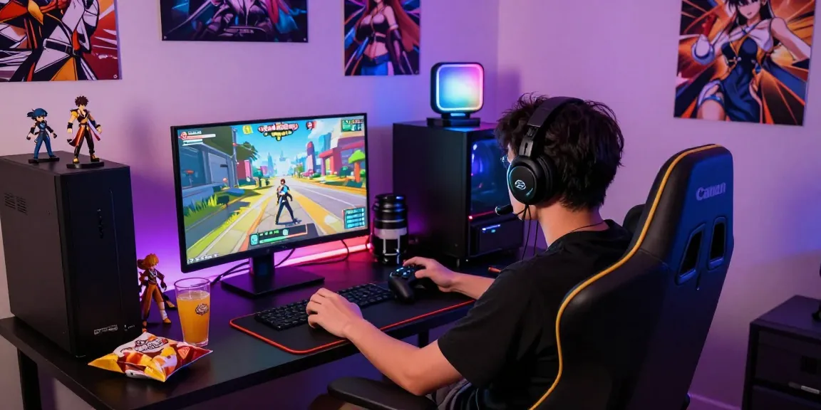 Engaged player immersed in hentaigames with vibrant graphics in a cozy gaming setup.