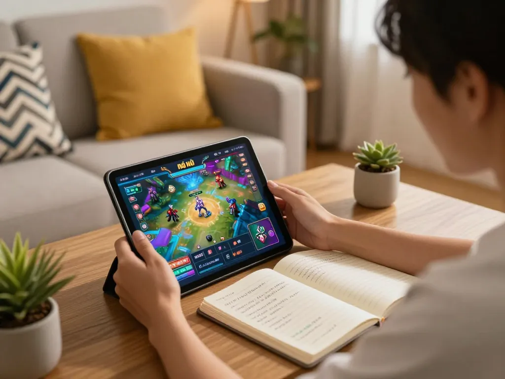 Engaged player enjoying game nổ hũ on tablet in a cozy home setting, showcasing gaming strategy.