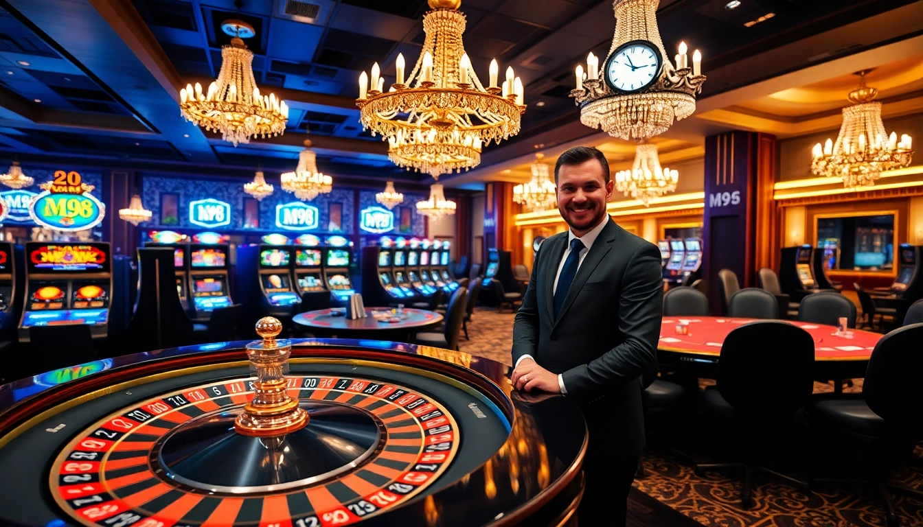 Experience thrilling gaming action at M98, featuring luxurious casino tables and vibrant slot machines.