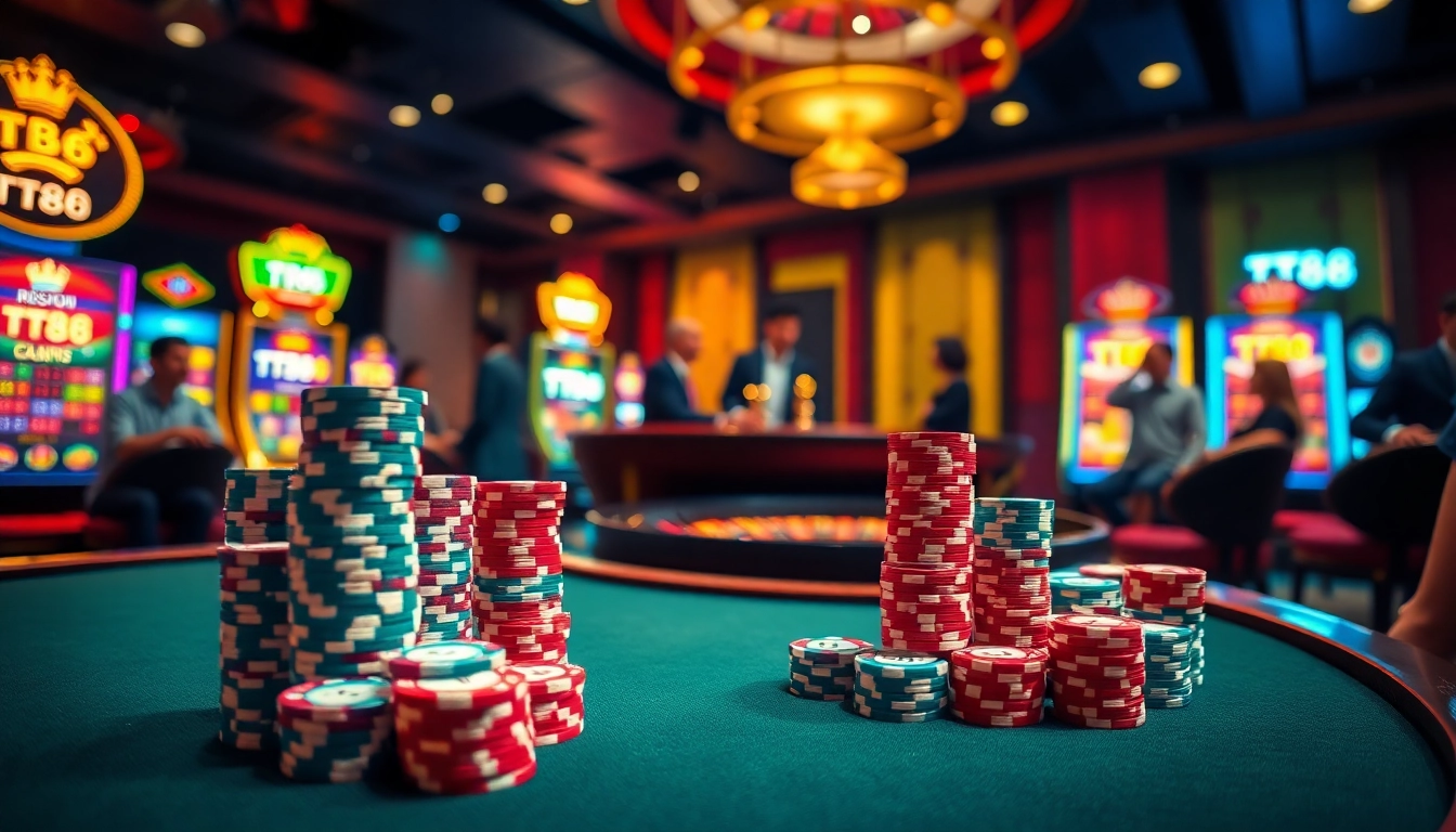 Experience the excitement of TT88 at a luxurious casino table with vibrant poker chips and games.
