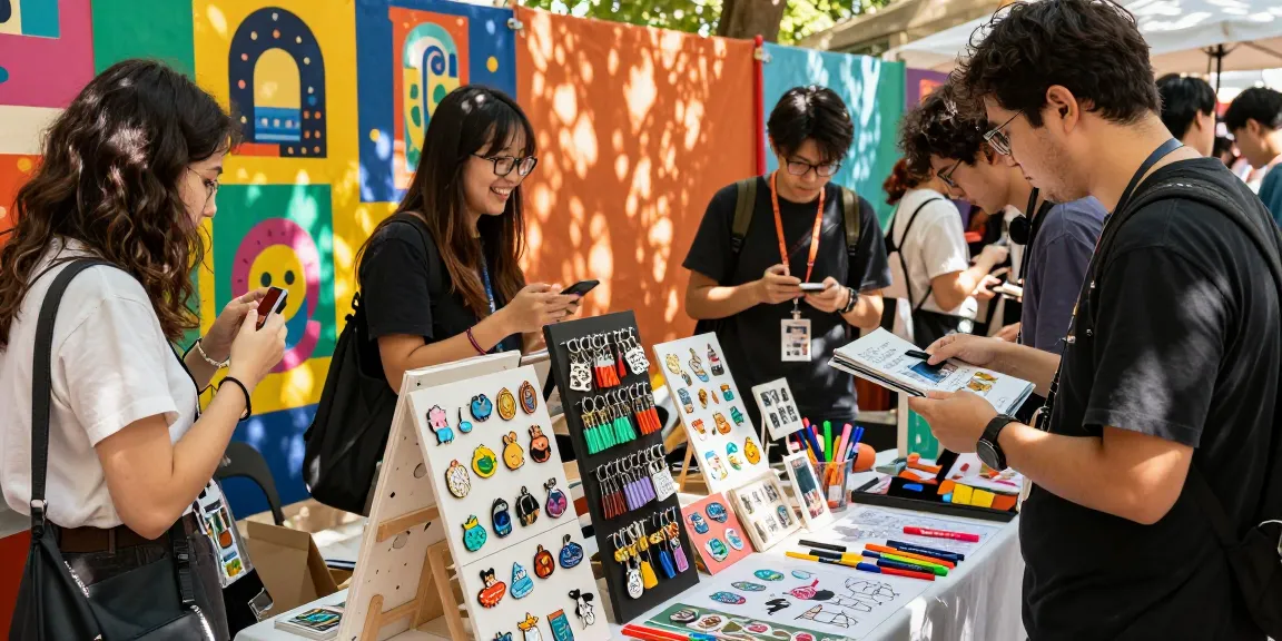 Diverse shoppers exploring custom pins at a vibrant marketplace showcasing unique custom designs.