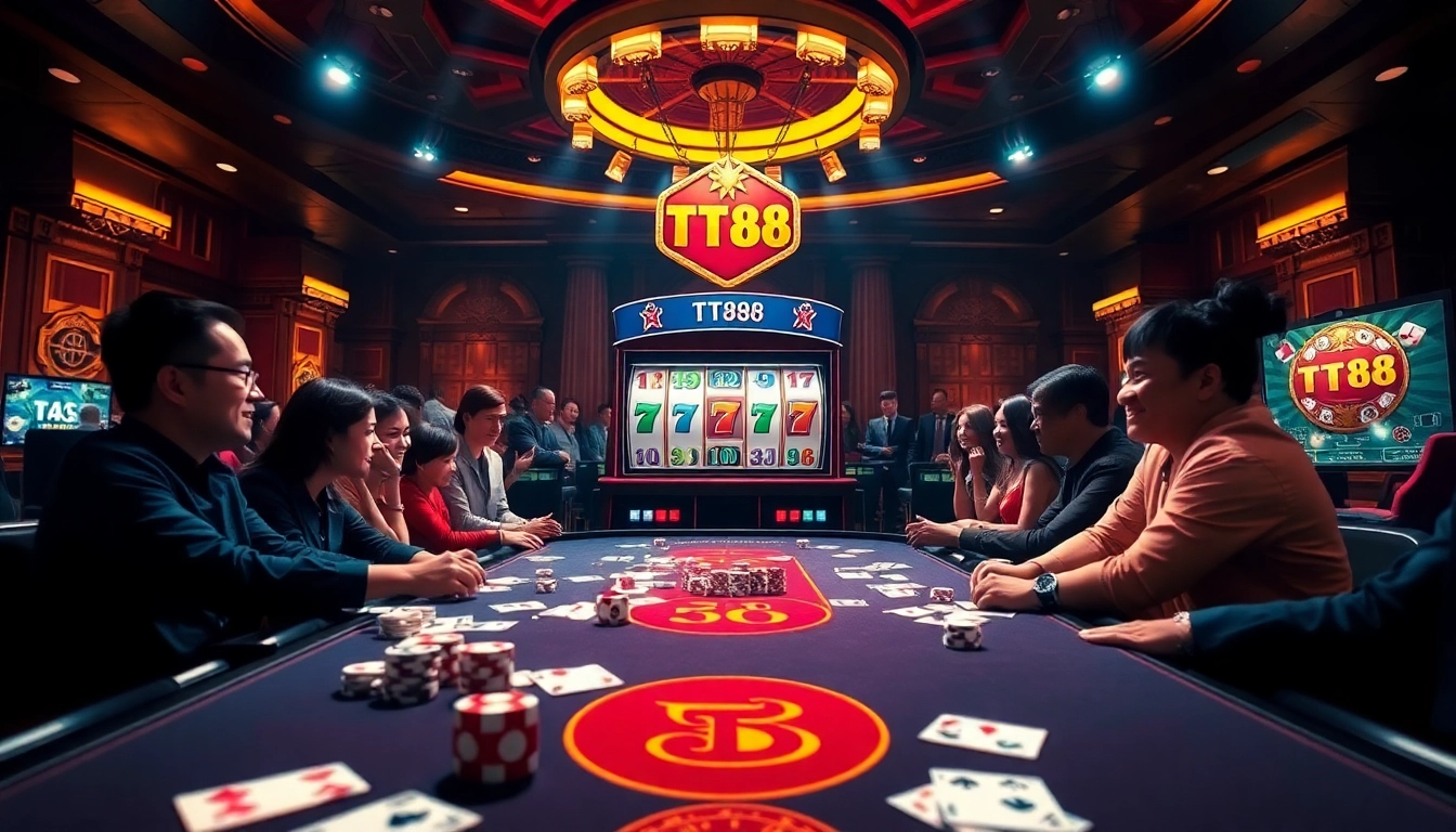 Exciting scene of players engaging in a casino setting while tải game TT88 on mobile devices.