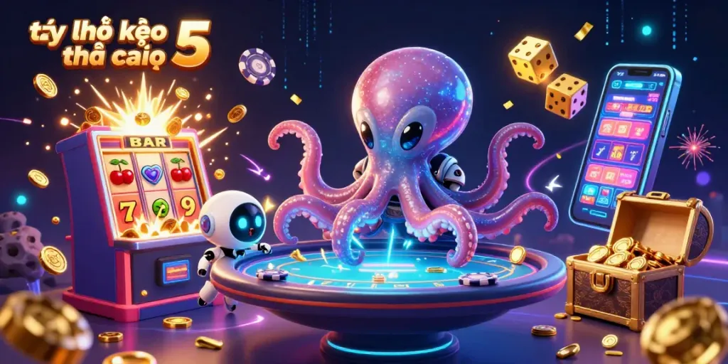 Engaging scene showcasing tỷ lệ kèo nhà cái 5 with an alien octopus poker table, jackpot casino elements.
