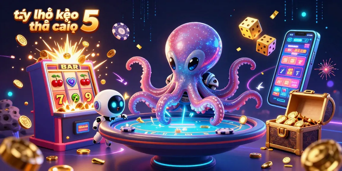 Engaging scene showcasing tỷ lệ kèo nhà cái 5 with an alien octopus poker table, jackpot casino elements.