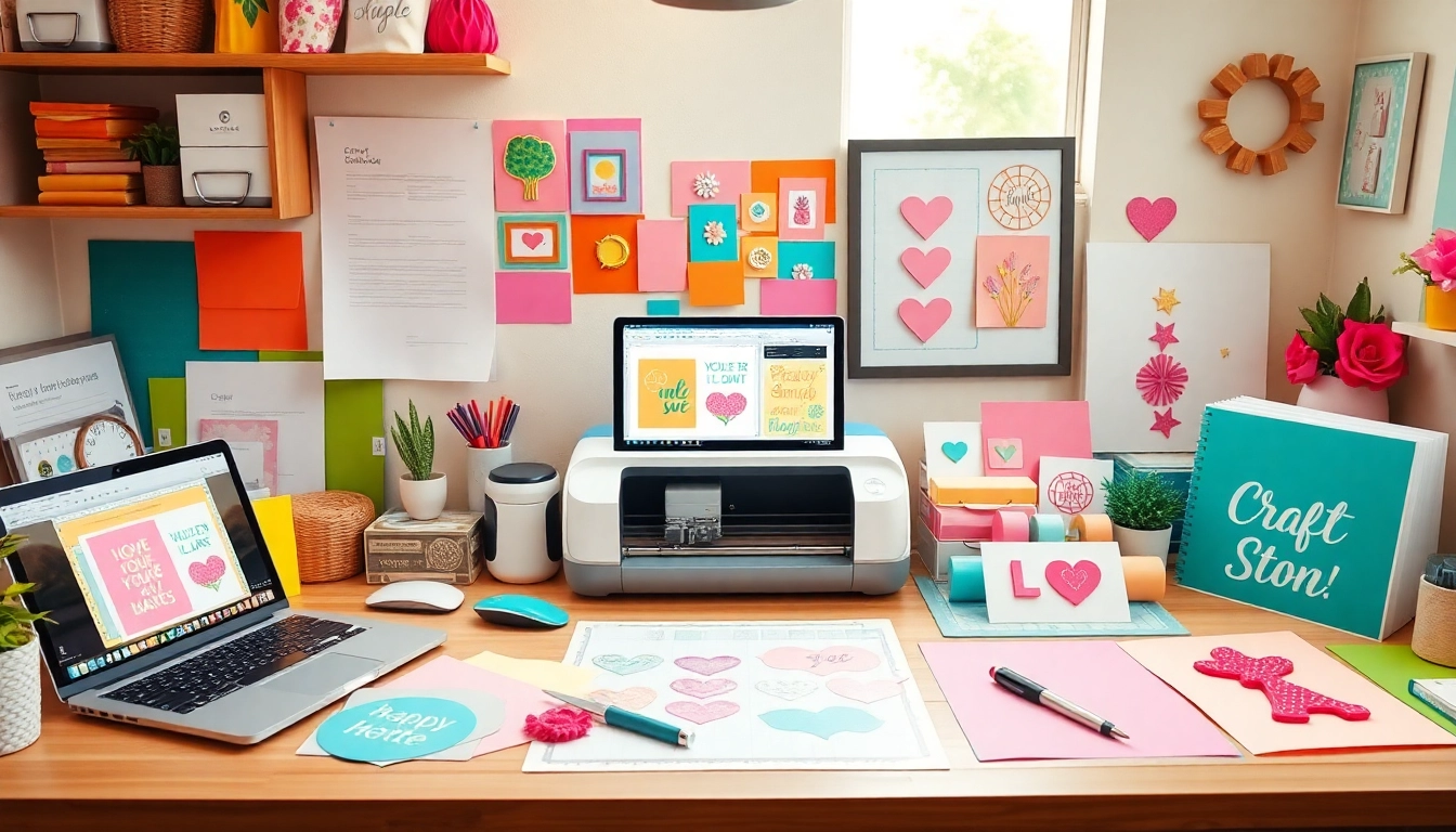 Cricut SVG projects in a colorful crafting workspace with various supplies.