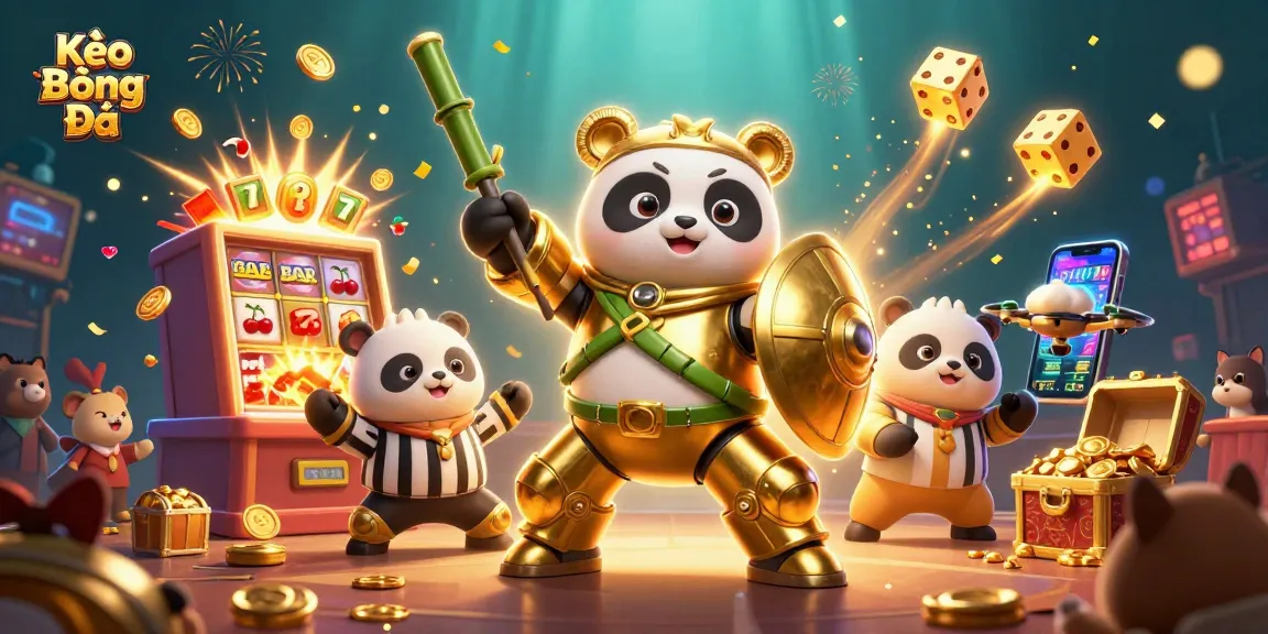 Kèo Bóng Đá scene showcasing a panda robot in a casino arena surrounded by jackpots and game symbols.