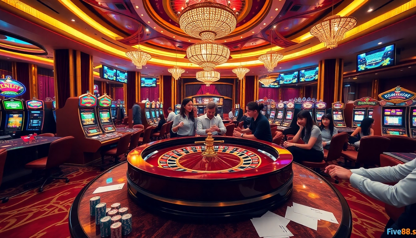 Experience thrilling gameplay at https://five88sss.com/ with vibrant casino tables and excited players.