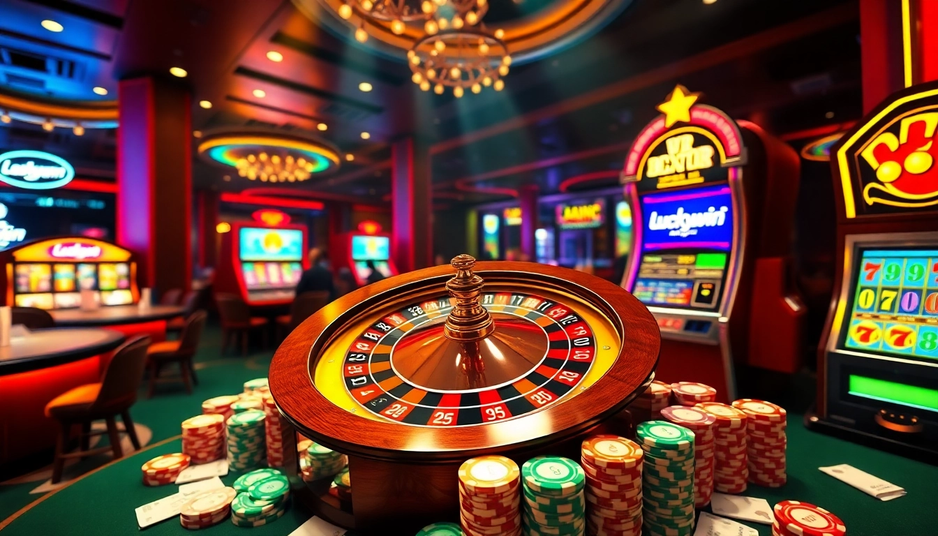Luckywin casino vibrant scene with roulette wheel, poker chips, and luxury details.