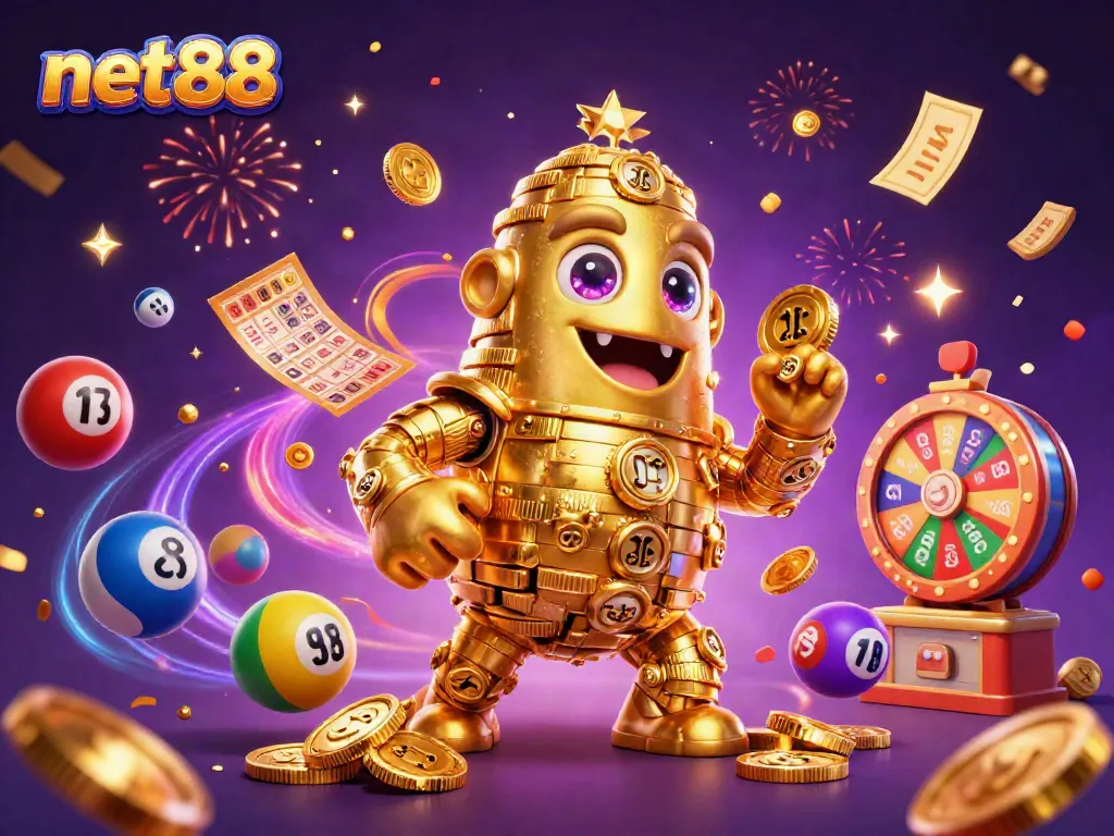 Experience thrilling gameplay at net88 with a vibrant 3D illustration showcasing colorful lottery and casino elements.