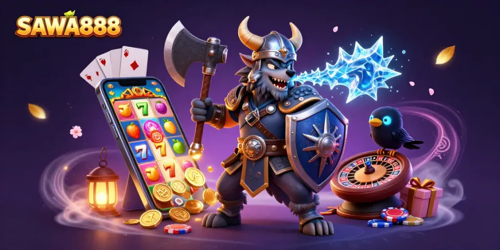 Engage with the vibrant world of SAWA888 slots through a thrilling 3D casino illustration.