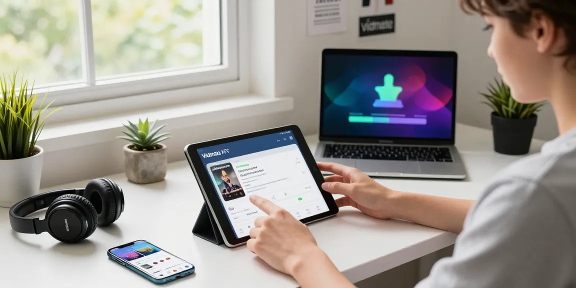 Engaging workspace featuring a user utilizing Vidmate APK on a tablet with natural light.