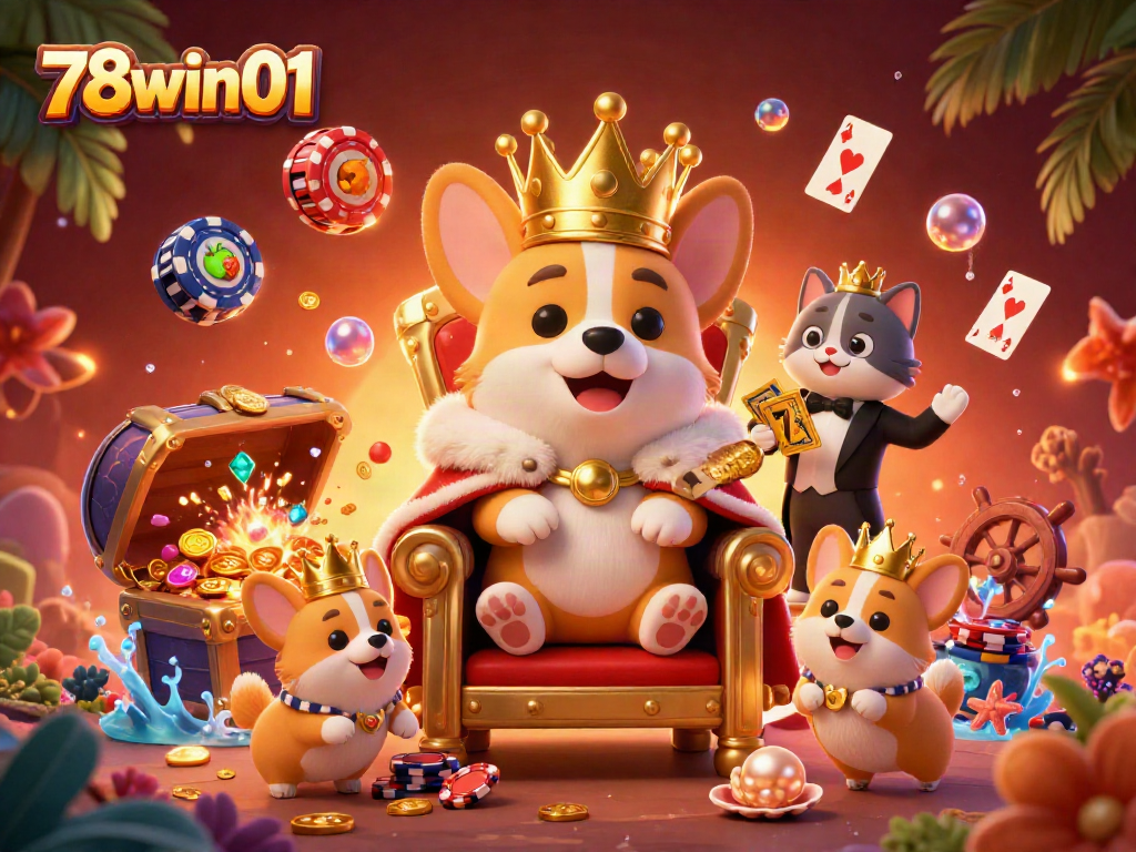 Experience excitement with 78win01 as a royal corgi reigns over a lavish casino scene.