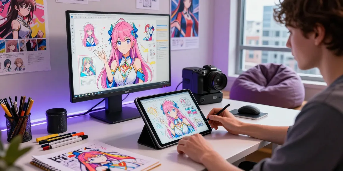 Creating ai ecchi character art in a vibrant studio with sketches and digital tools.