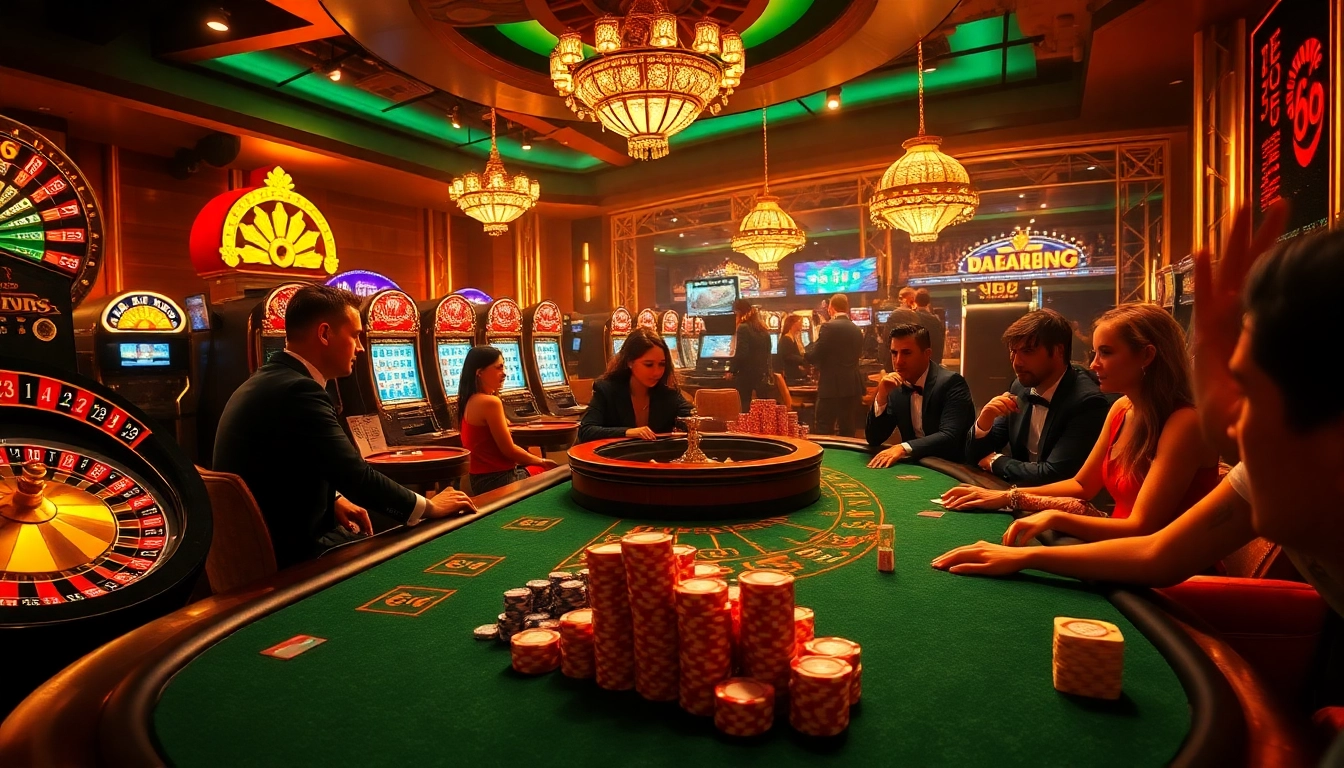 Players at https://debet66.com/ engage in high-stakes poker with vibrant chips and a roulette wheel.
