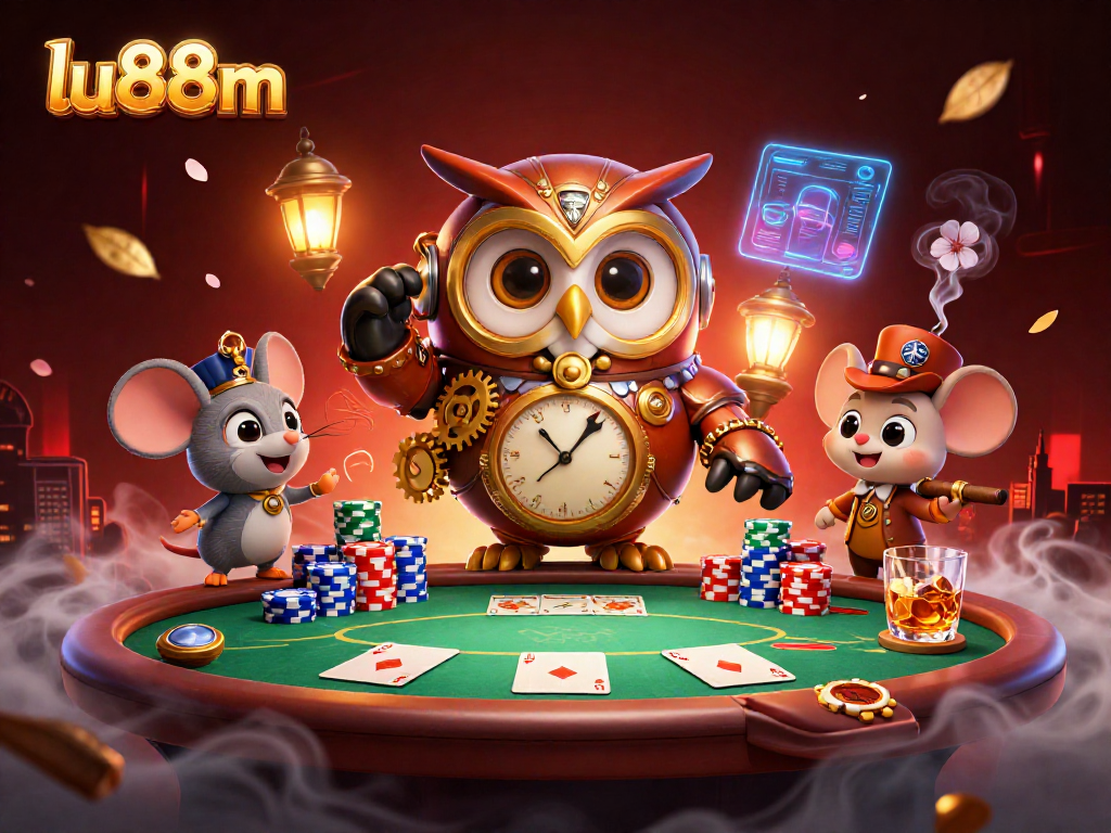 Play poker with lu88m in a vibrant steampunk casino setting featuring dynamic gaming elements.