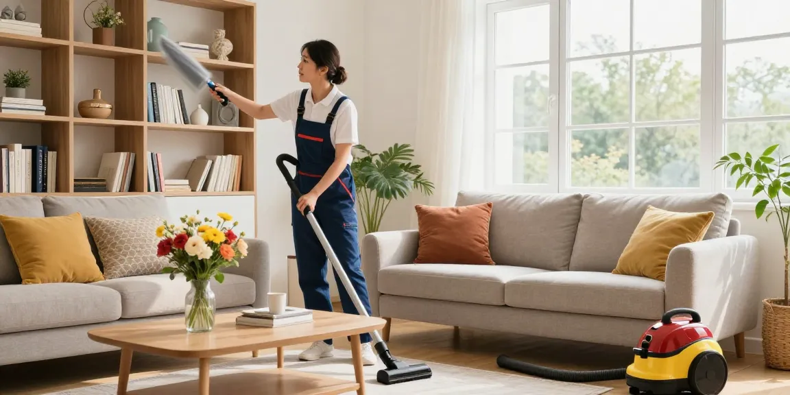 Residential cleaning service in action, showcasing reinigungen for a spotless living room with a professional cleaner.