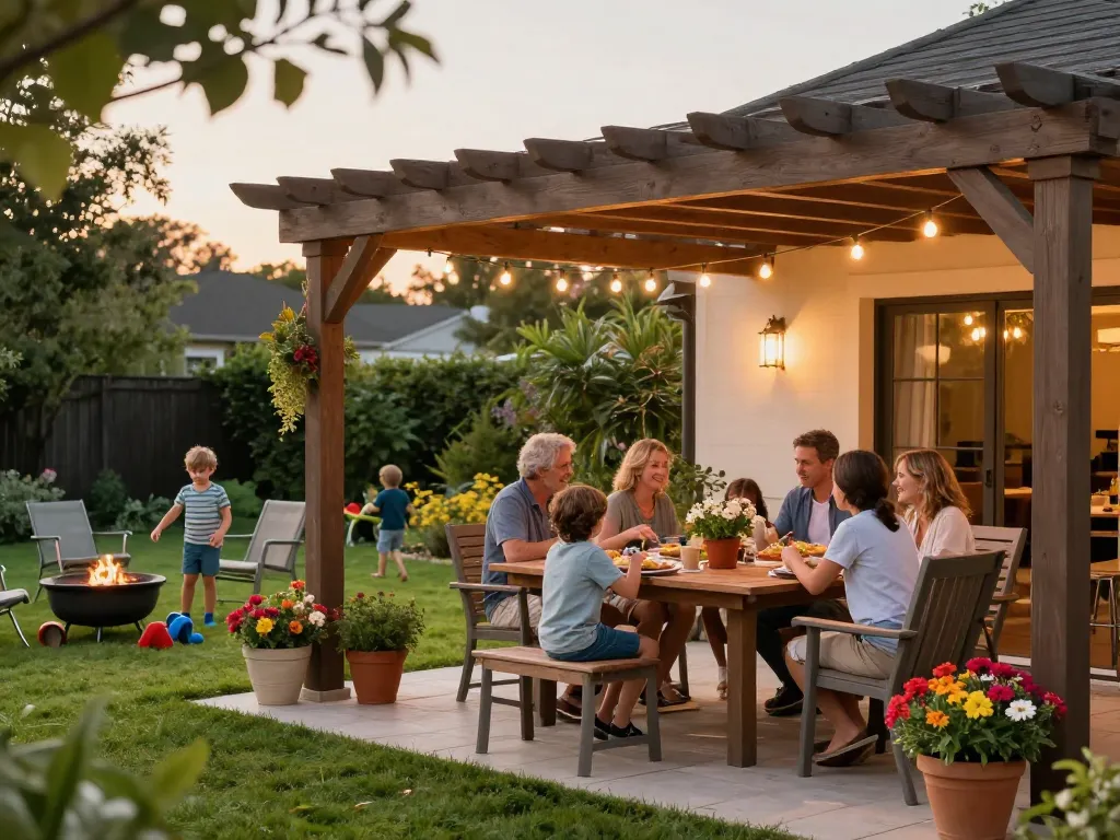 Family enjoying outdoor dining under a custom pergola configurator software-designed structure.
