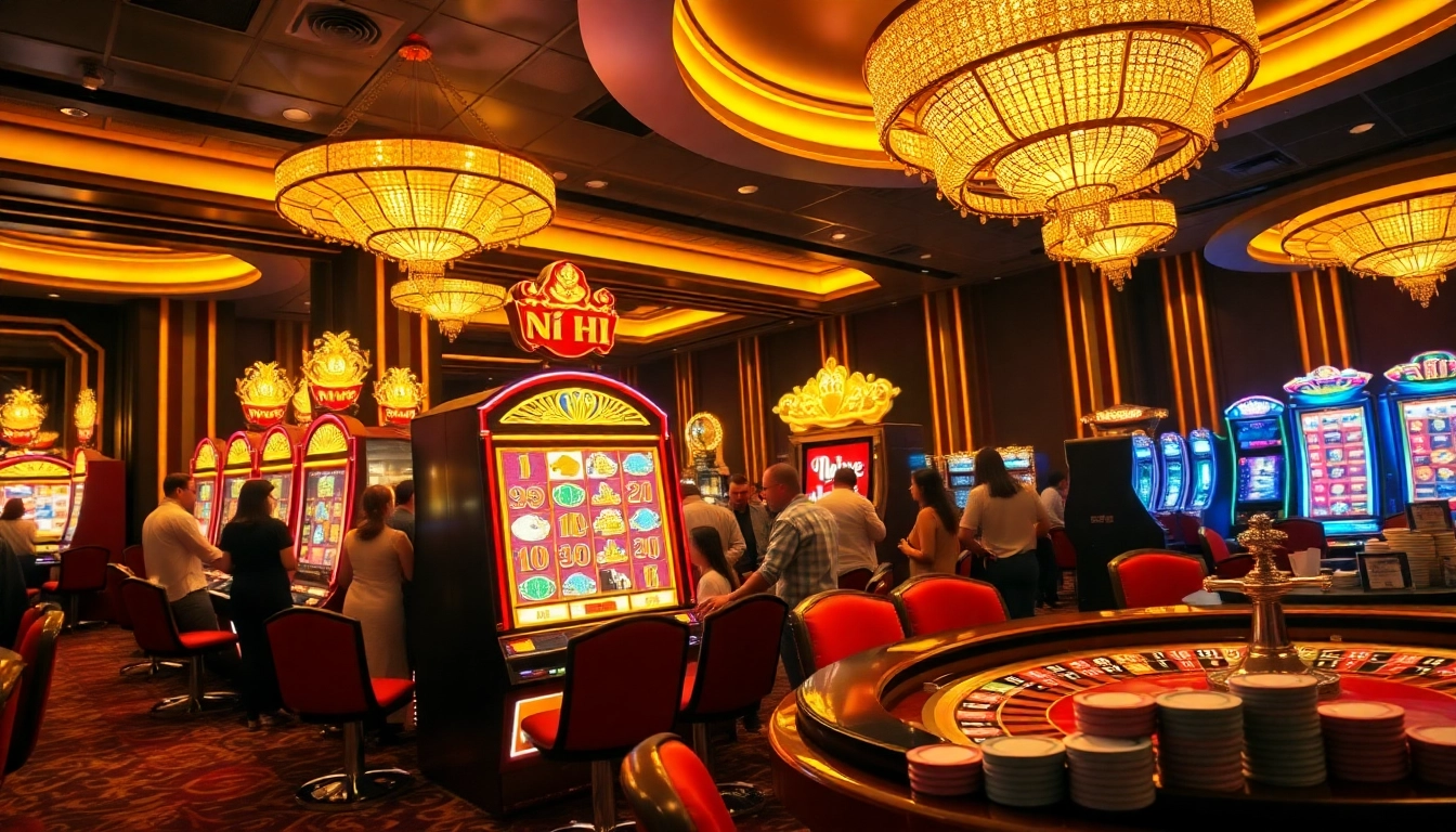 Exciting scene of players engaging at a nổ hũ slot machine in a lively casino environment.