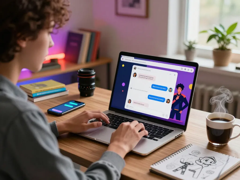 User engaged in ai nsfw chat experience at stylish home workspace with vibrant lighting.