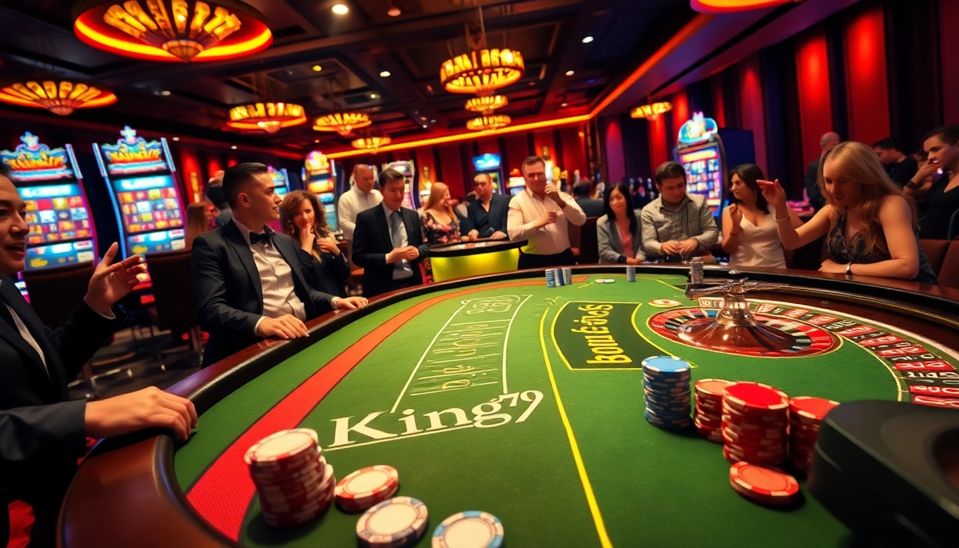 Players enjoying a game at King79's luxurious casino table with poker chips and roulette wheels.