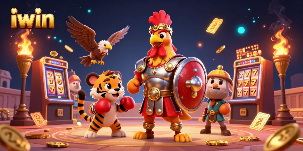 Spin to win at iwin with an energetic scene featuring a gladiator rooster and slot machines.