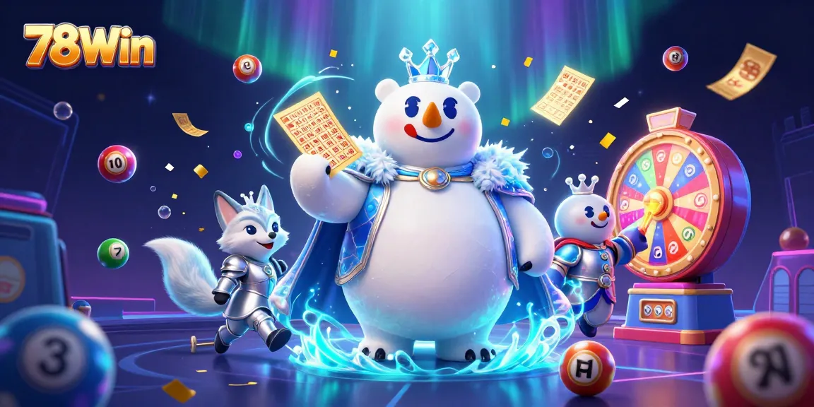 Engage with the excitement of 78Win through colorful lottery elements and dynamic gaming characters.