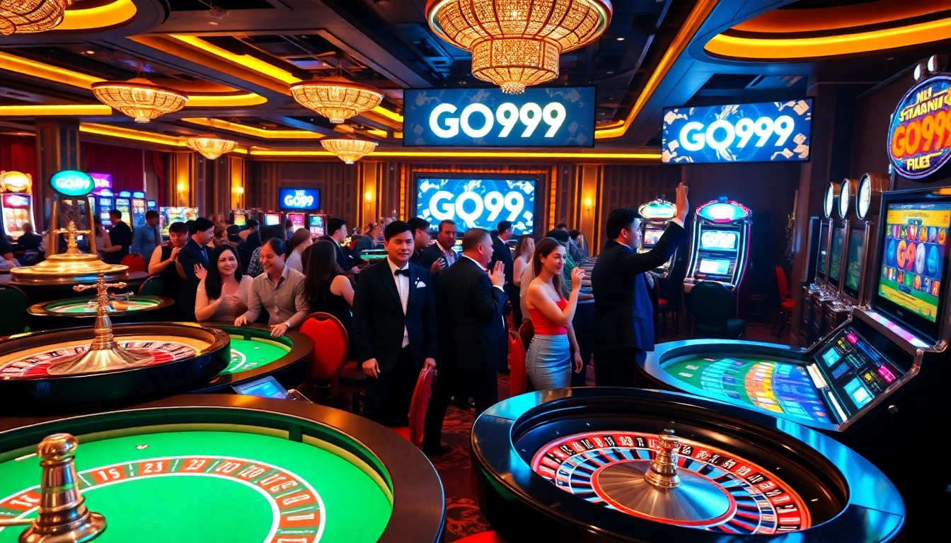 Captivating casino scene showcasing GO99, with slot machines and excited players.