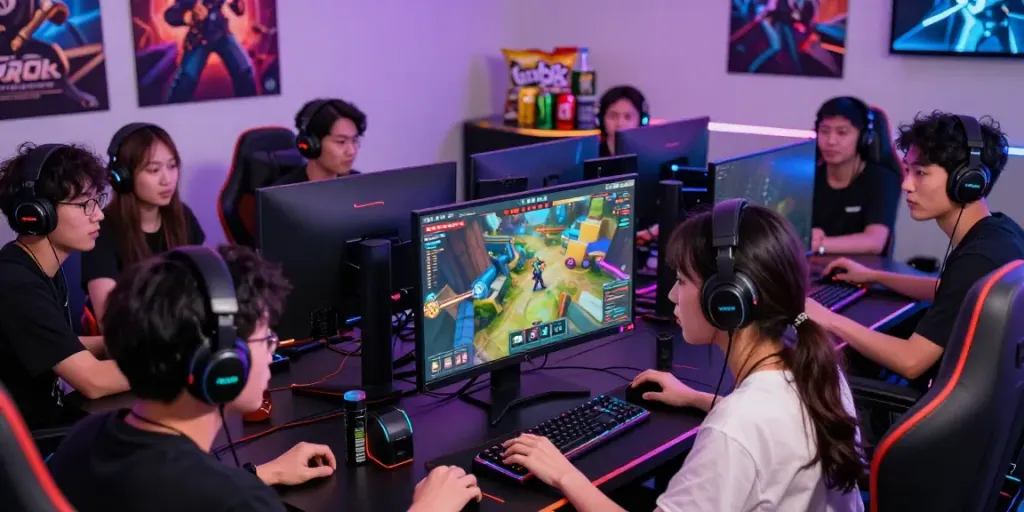 Gamers engaged in a vibrant 78win gaming session with dual monitors and RGB lights.
