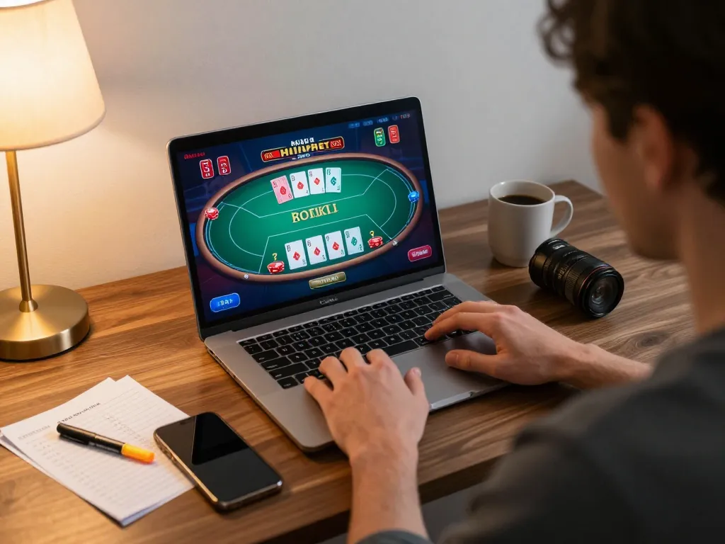 Winwin online casino player strategizing while enjoying poker game on a laptop at home.