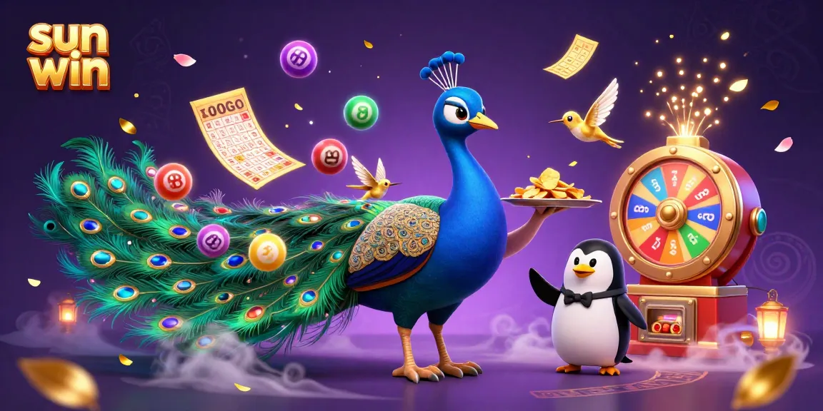 Engage in thrilling games at sun win with colorful lottery elements and a charming peacock centerpiece.