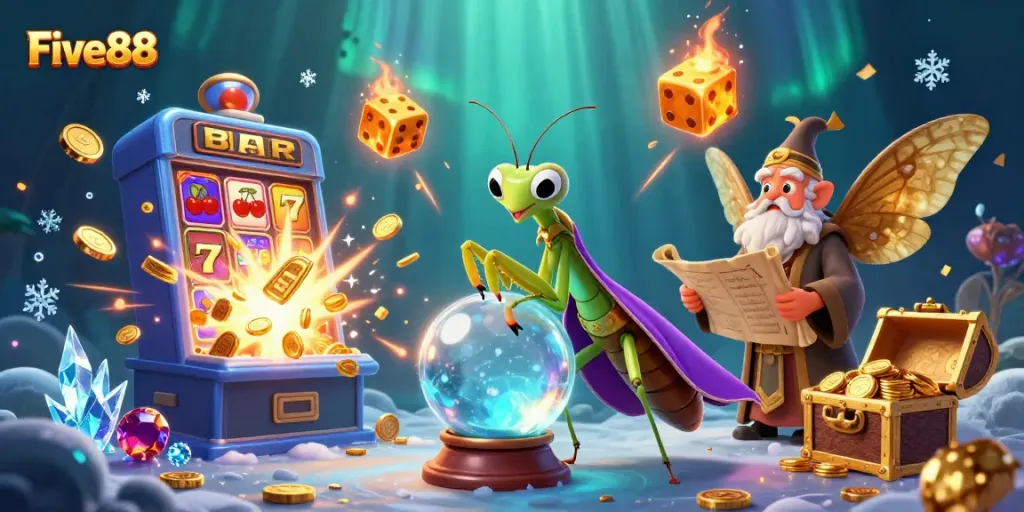 Experience the thrilling excitement of Five88 as the fortune teller gazes into a crystal ball amidst a carnival of casino elements.