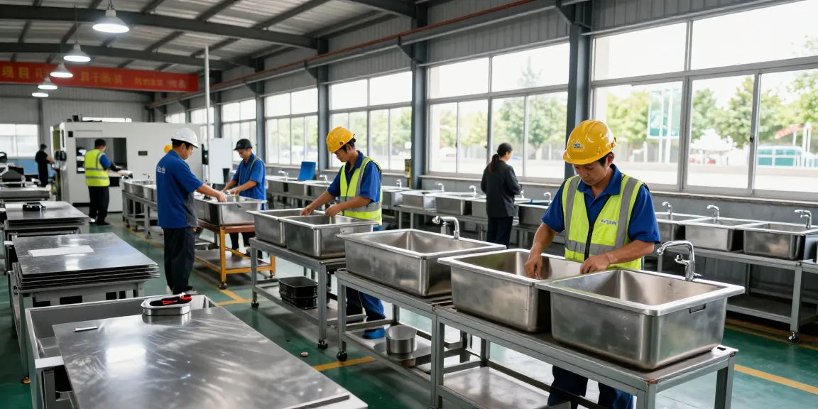 Workers in a stainless steel basin factory inspecting quality sinks amidst advanced machinery.