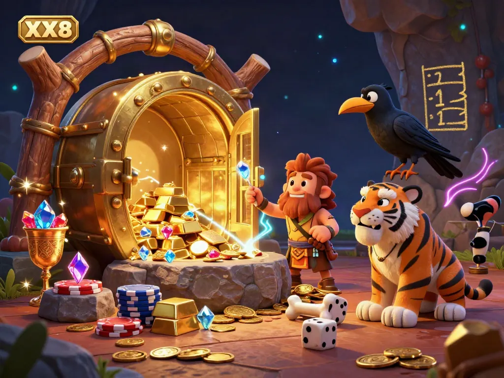 Experience the thrill of XX8's prehistoric casino featuring vibrant characters, gold treasures, and dynamic game elements.
