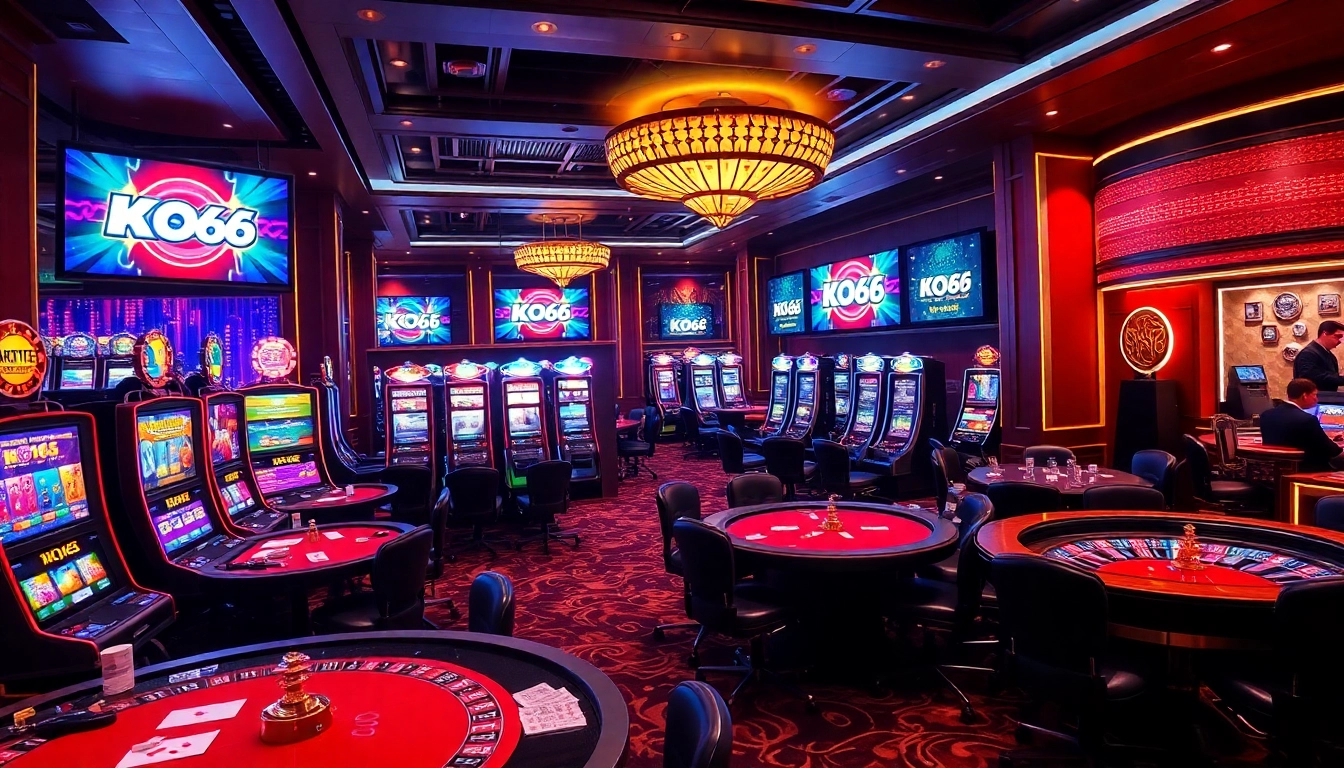 Cảnh cờ bạc trực tuyến KO66 với những máy slot đầy màu sắc và người chơi phấn khích tại các bàn poker.