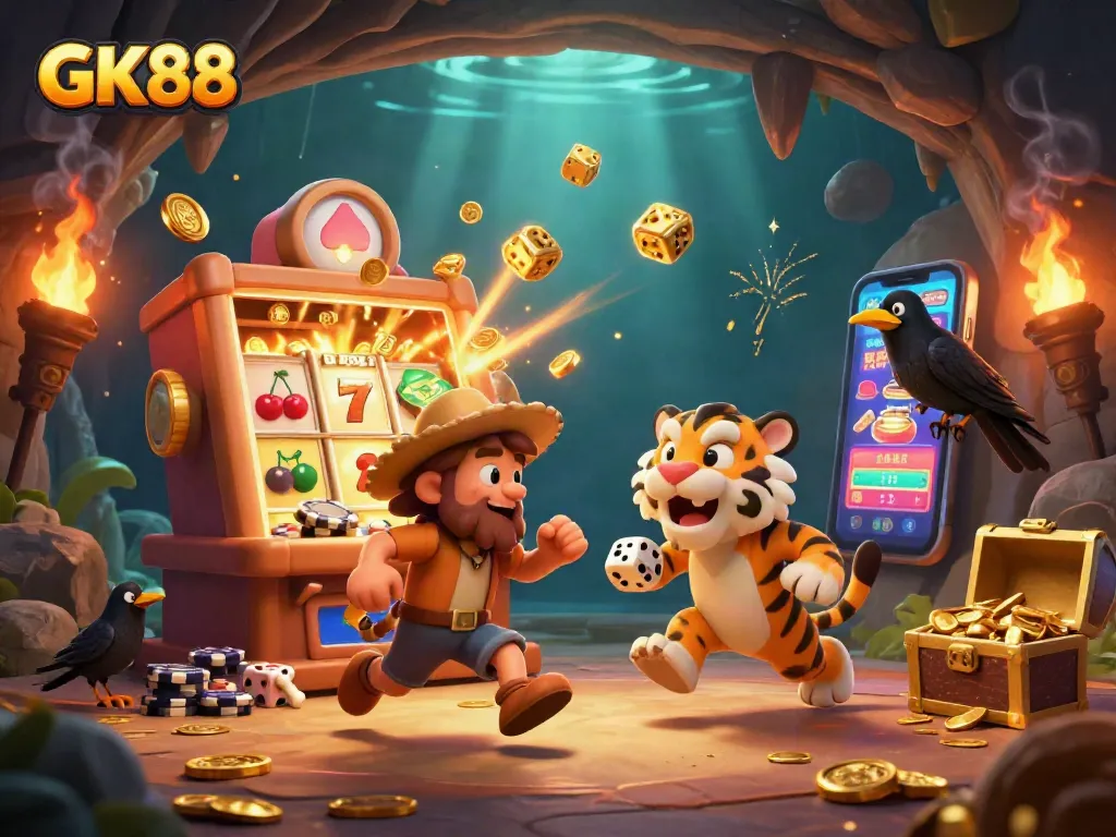 Experience the thrill of GK88 with this dynamic 3D casino illustration, featuring cavemen, slot machines, and a jackpot frenzy.