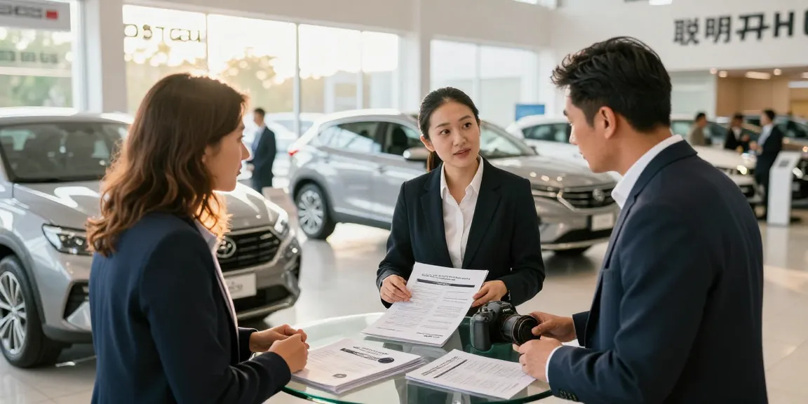 The best car history check UK showcased in an engaging automotive dealership scene with buyer and representative discussing vehicle history.