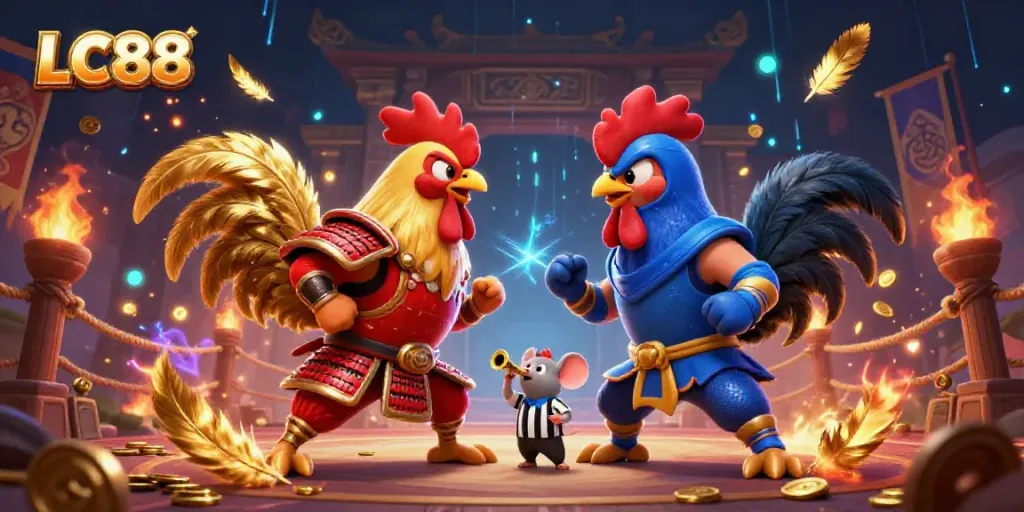 Engage in thrilling standoffs at LC88 with dynamic cartoon roosters in a vibrant casino arena.