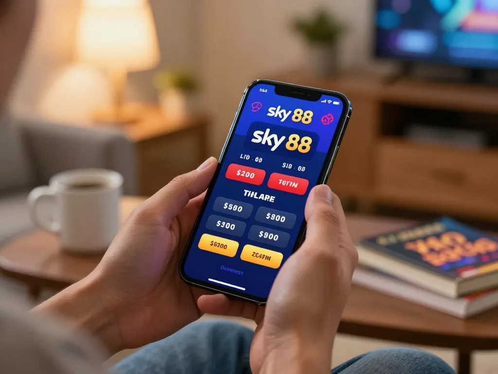 Engaged gambler placing a bet on the sky 88 game via smartphone in a cozy home setting.