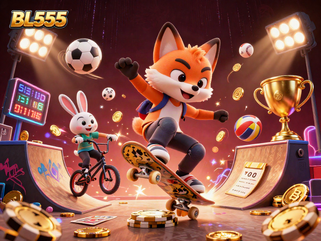 Bet on BL555 with a vibrant 3D scene featuring exciting gambling elements and characters.