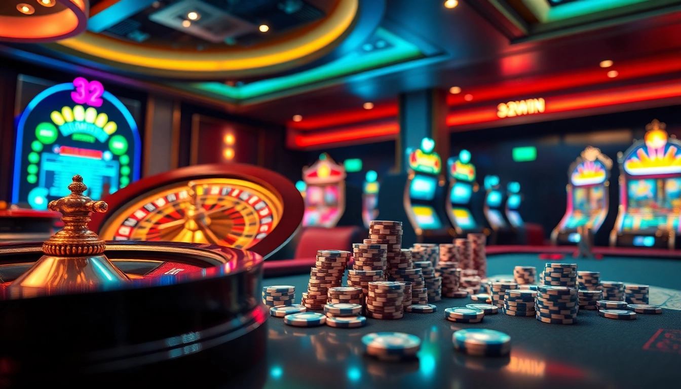 A dynamic scene of 32win online casino featuring roulette, slots, and poker chips for gamblers.