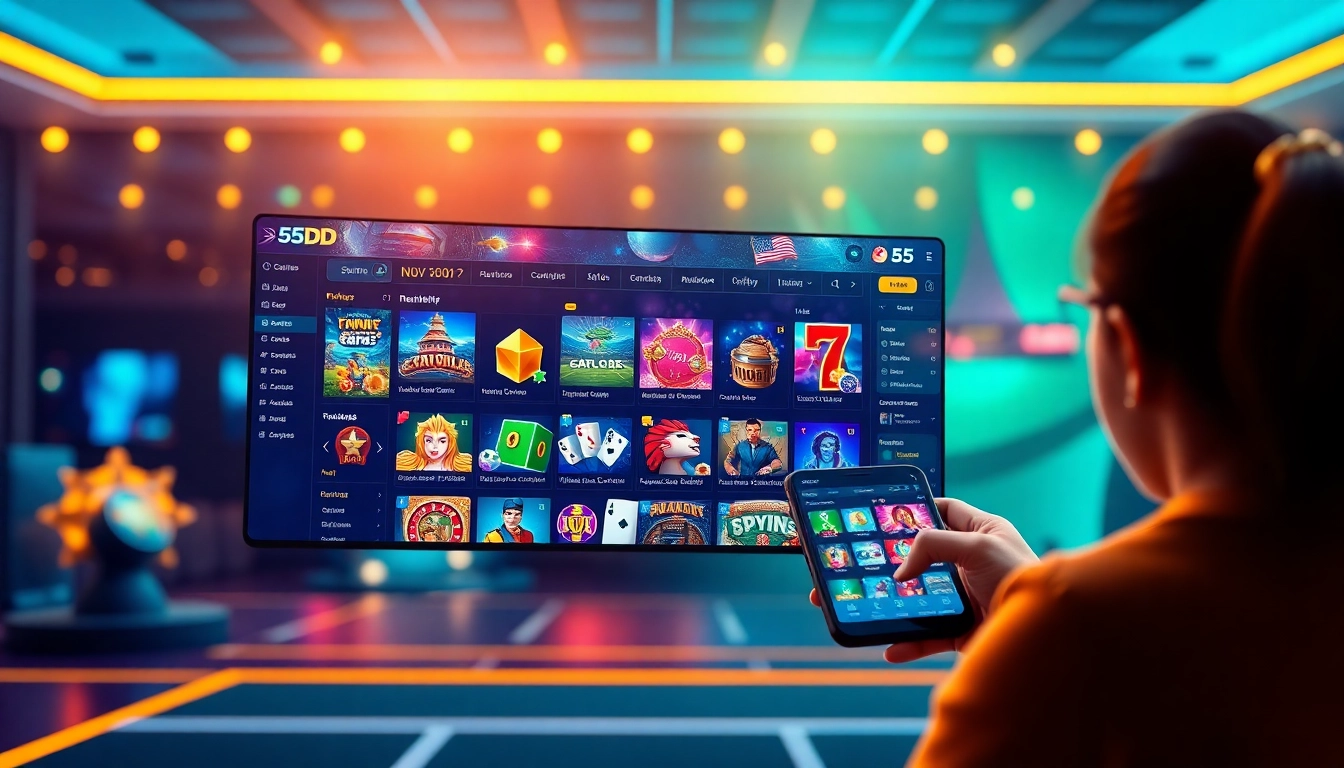 Engaging scene featuring 55DD online betting platform with vibrant game displays and user interaction.