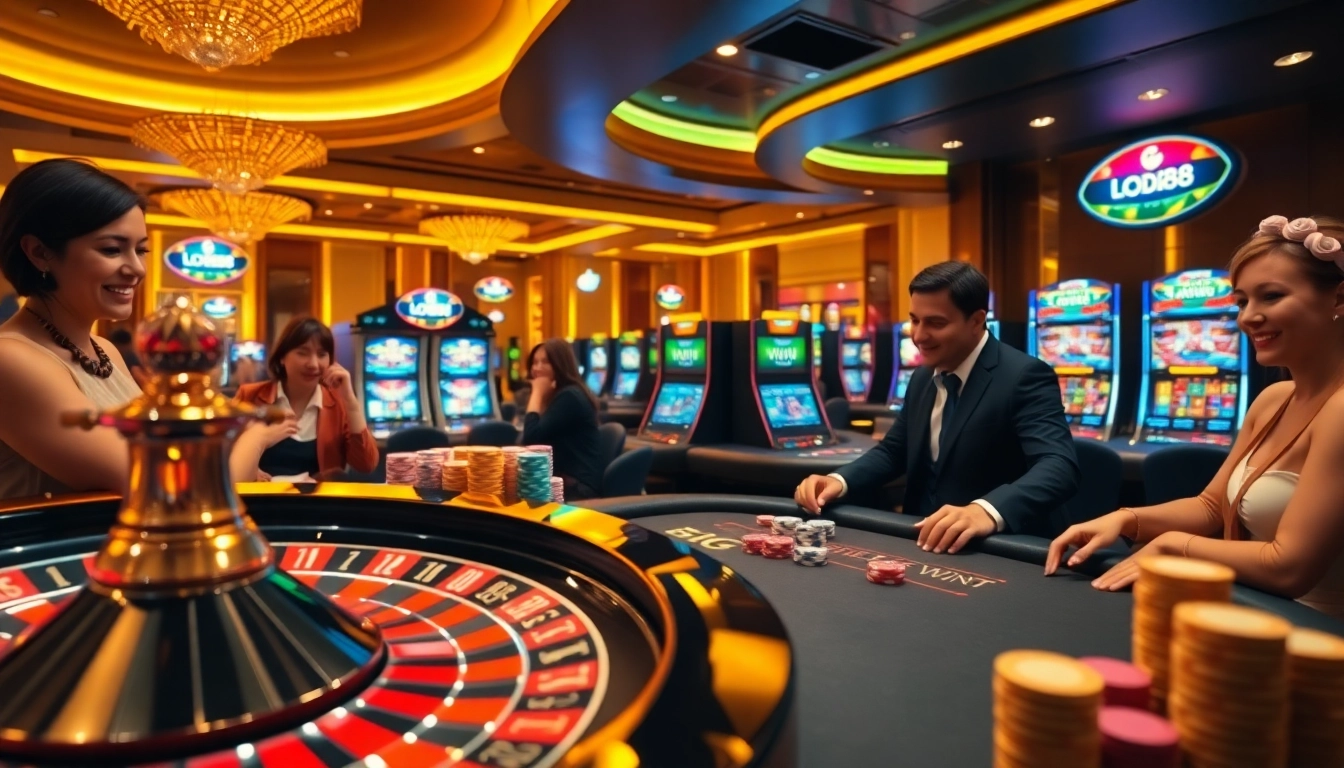Exciting casino scene showcasing lode88 with poker chips, roulette wheel, and happy gamblers.
