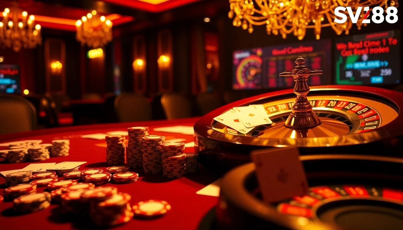 SV368 poker chips and cards on an elegant casino table, capturing the thrill of gambling.