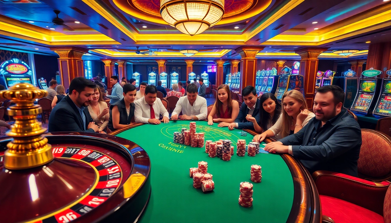 Experience the excitement of gaming at https://32wincasino.com/ with players at a Blackjack table surrounded by vibrant slot machines.