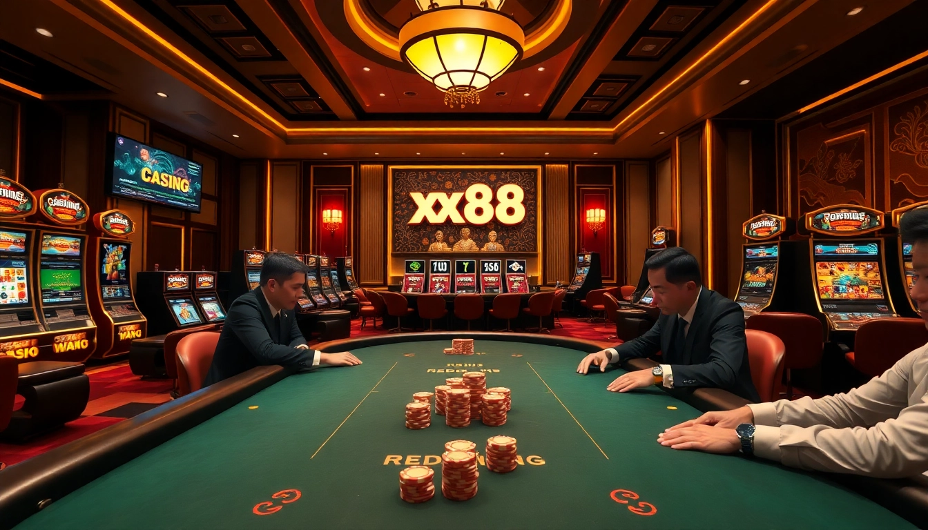 Engaging scene from xx88 casino showcasing exciting live poker games and vibrant slot machines in a luxurious environment.