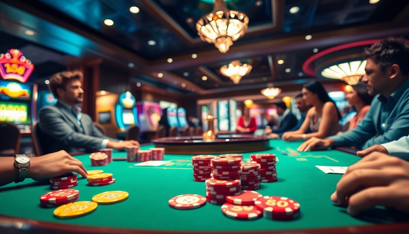 Engaging casino players at a Ta88-themed poker table, showcasing excitement and strategy.