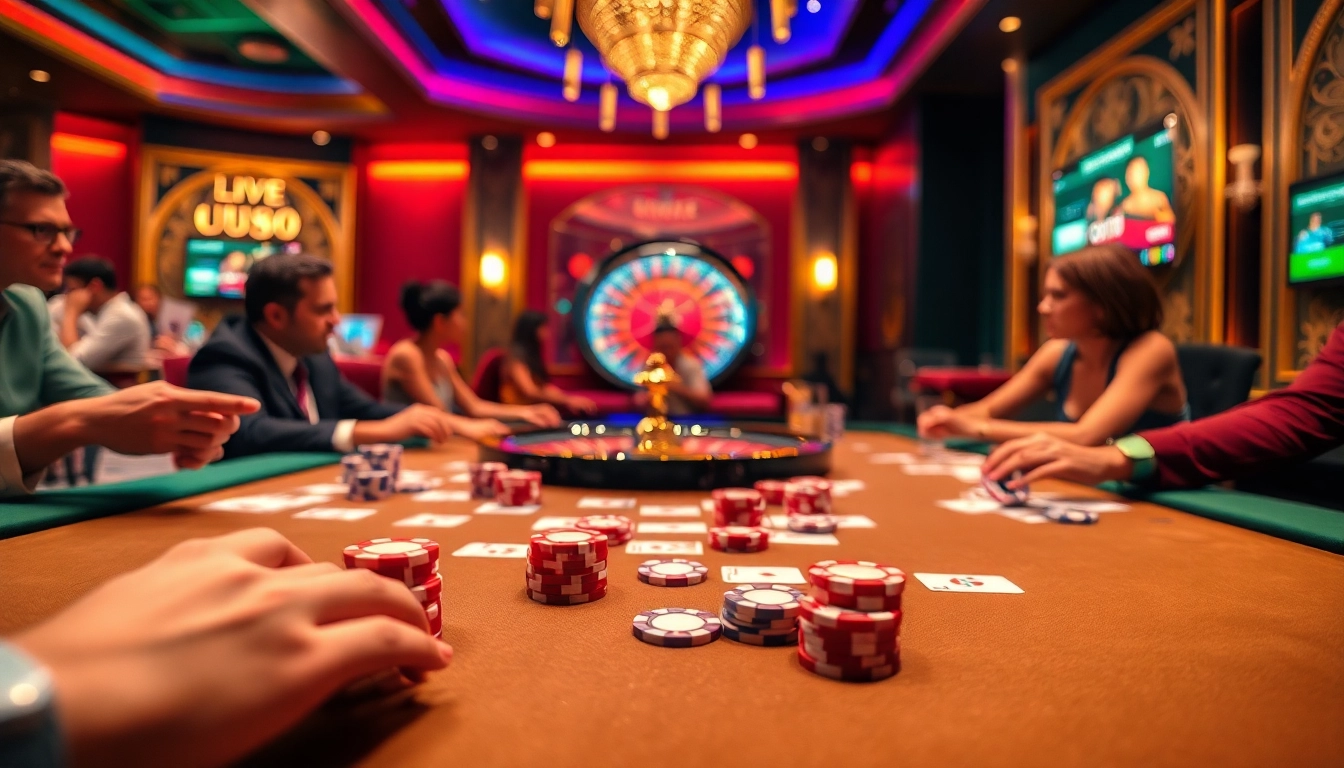 Players enjoying a thrilling poker game at a UU88 casino table, capturing the excitement of gambling.